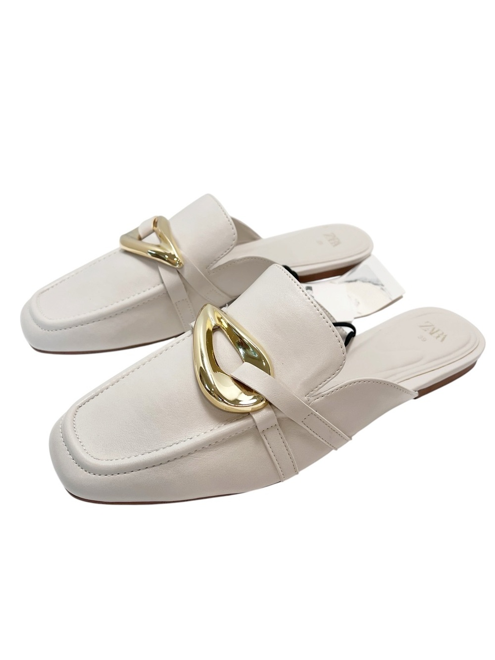 NWT Zara Size 8 Women's Cream Slip-On Mules with Gold Accent